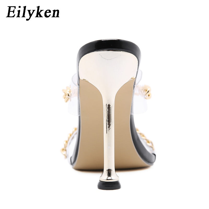 Sexy Transparent PVC Slippers Summer Thin High Heels Fashion Chain Design Slip On Square Toe Mules Slides Women Shoes