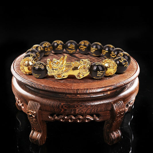1pc Feng Shui 10-12mm Black Beads Alloy Wealth Bracelet Bangles With Golden Pixiu Charm bracelet  Gifts for Men Women