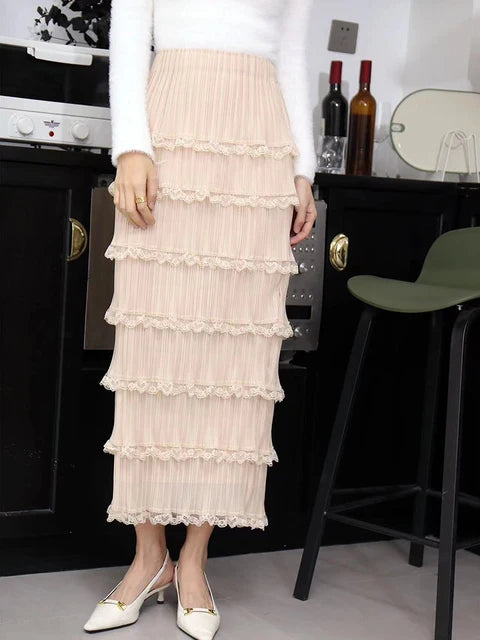 Autumn New Pleated Cake Skirt For Women High Elastic Waist Solid Color Wrap Hip Elegant Skirts Female Fashion