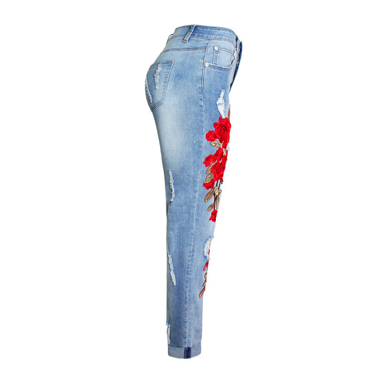 Women's Elastic Loose Jeans Women's Trousers Colorful Flowers 3D Three-Dimensional Embroidery Ripped Jeans