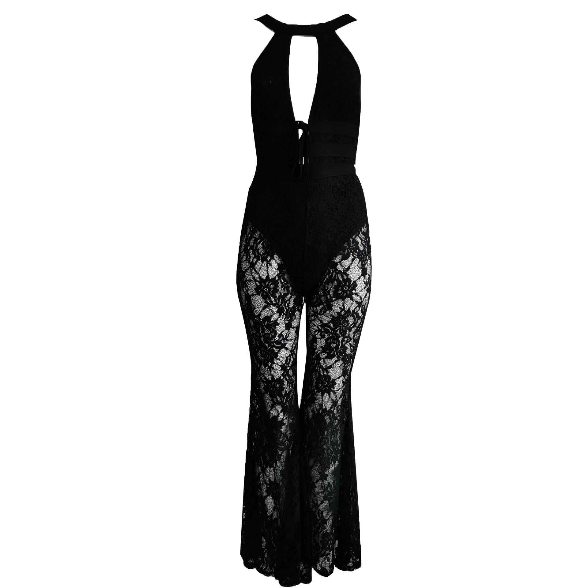 Ins New Fashion Sexy Hollow Lace Jumpsuit Sleeveless Lace Flared Trousers
