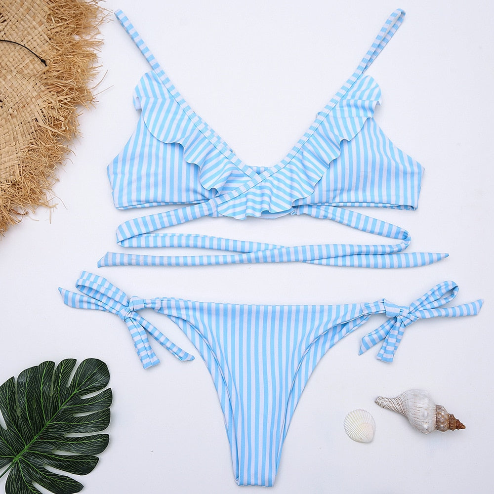 Sexy Criss Cross Bandage Striped Ruffled Biquini Swim Bathing Suit Female Swimsuit High Cut Swimwear Women Push Up Bikini