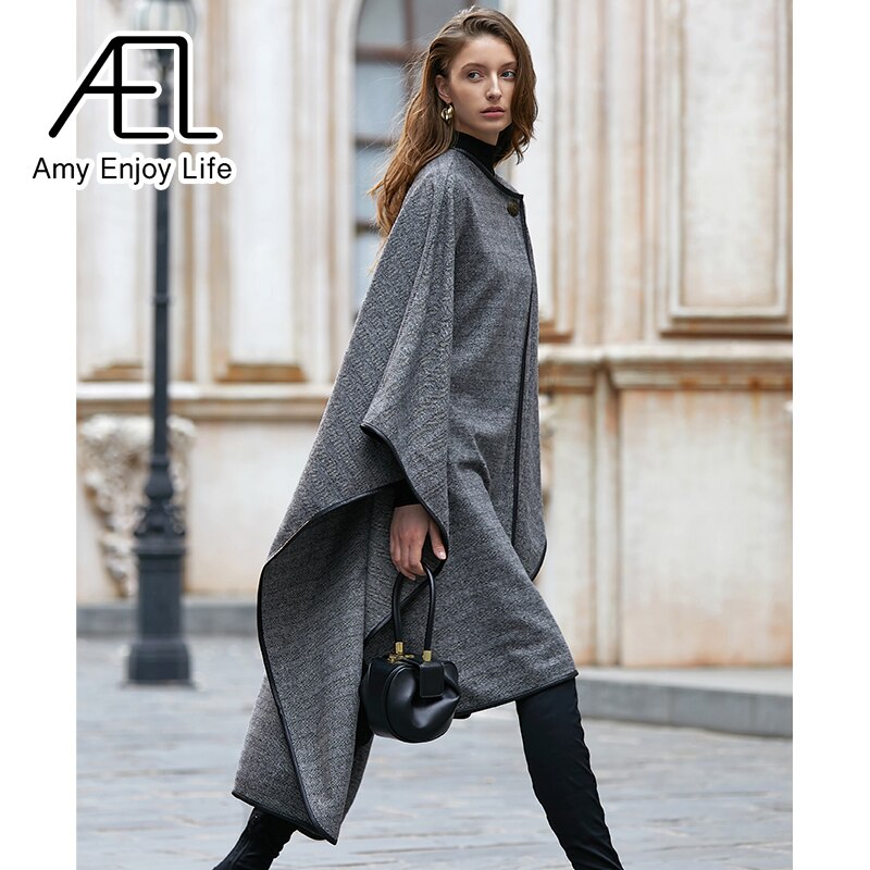 Medium Long Cape Style Street Woolen Coat New Herringbone Pattern Cloak Coat For Women In Winter