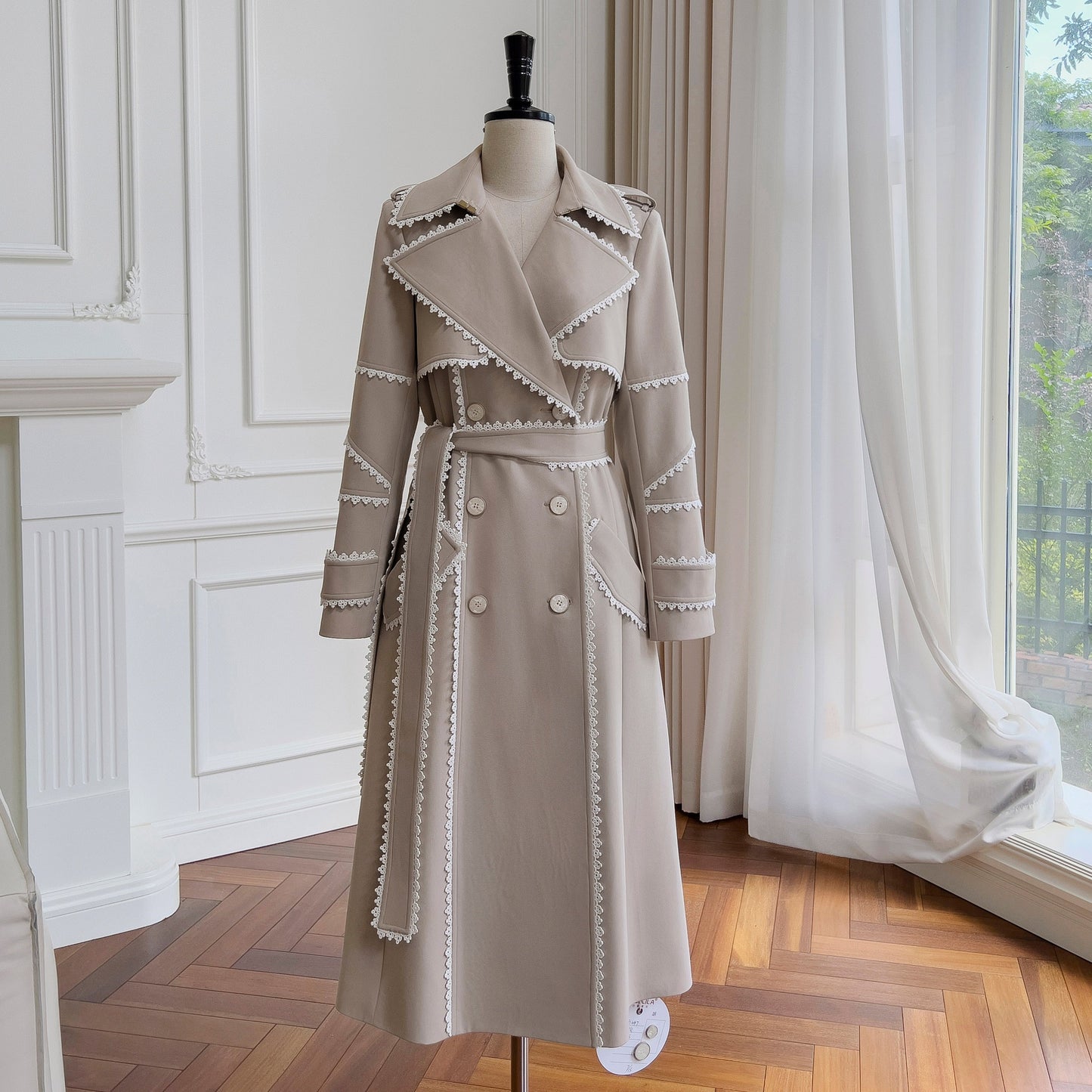 Elegant Khaki Contrast Color Lace-up Trench Coat For Women