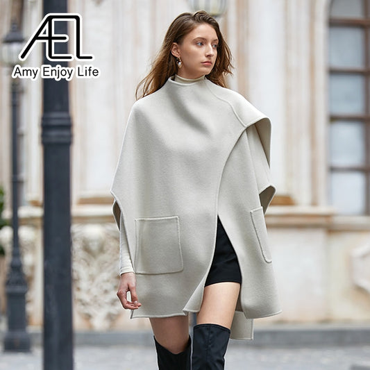 Casual Irregular Loose Women Woolen Coats Autumn Winter Cloak Female Blend Coat Streetwear