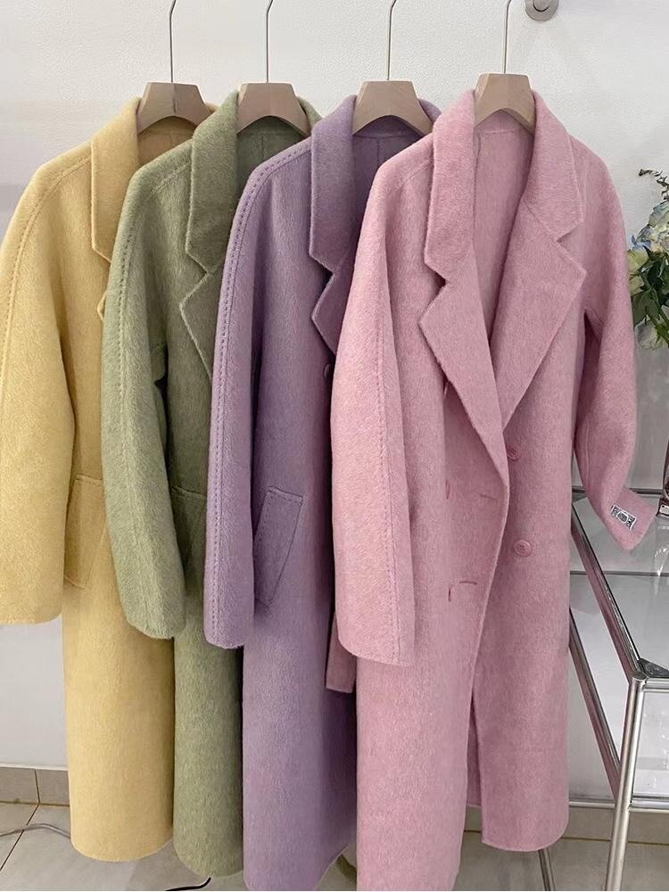 Winter Popular New Long Mulberry Silk Woolen Overcoat Women Double Breasted Lacing Belt Classic Pink Loose Wool Coat Jacket