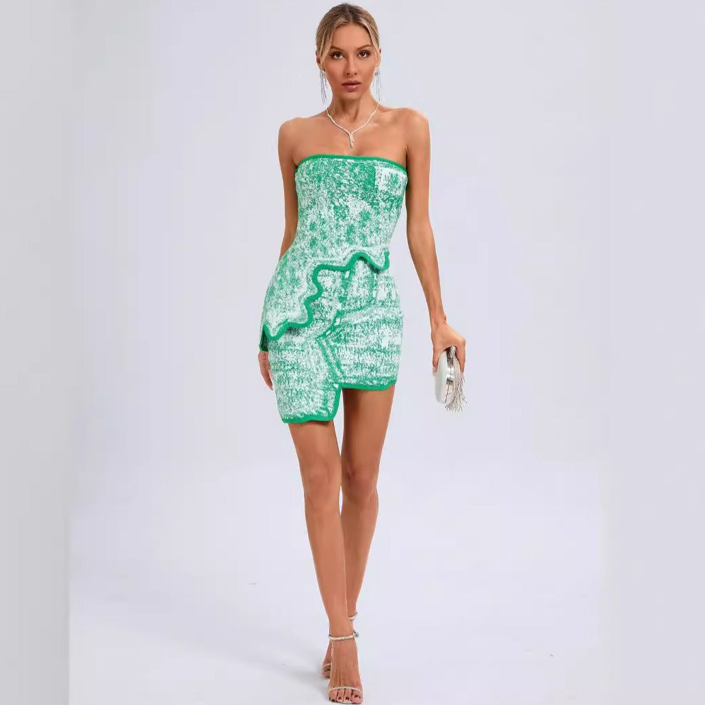 Fashionable sleeveless tube top sexy irregular dress green jacquard color block miniskirt suit