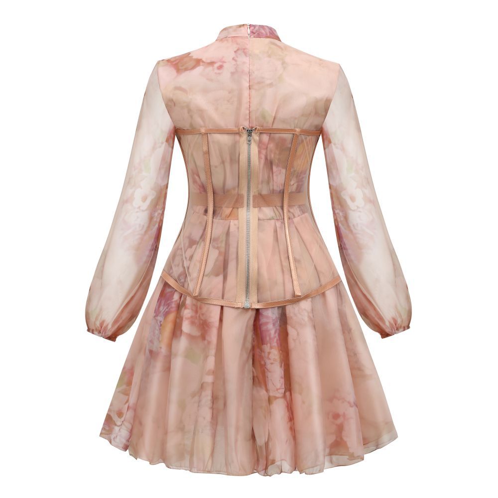 Fashion Skirts European Women's Dress Pink Print Chiffon Dress Fishbone Girdle Set