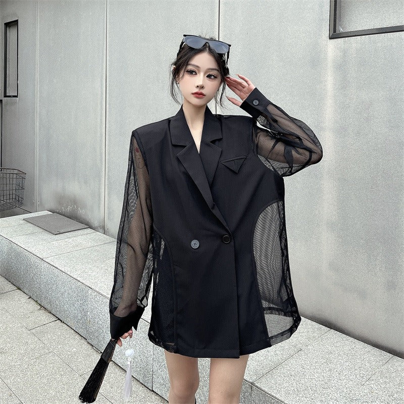 Summer thin spliced suit jacket for women with design slightly see-through long-sleeved mesh suit top for women