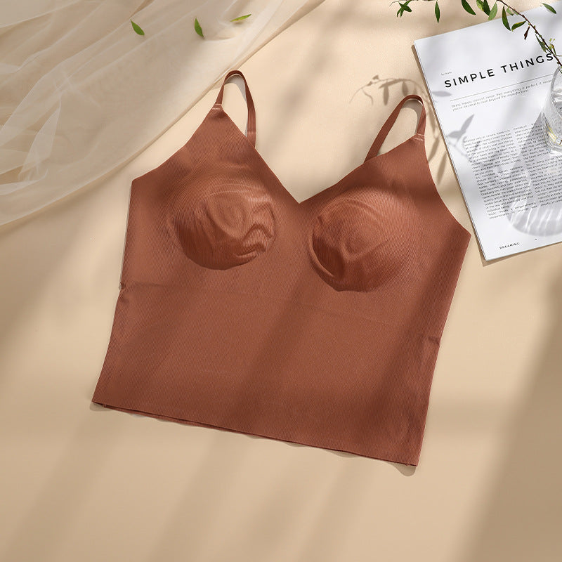 One-Piece Camisole Underwear Female V-Neck Seamless Nude Beauty Straps Chest Pad Bra Can Be Worn Outside Sports Underwear