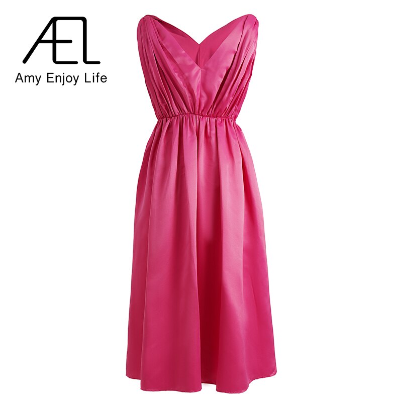 Satin Texture V-Neck Waist Large Hem Dress Sleeveless Pink Long Dress