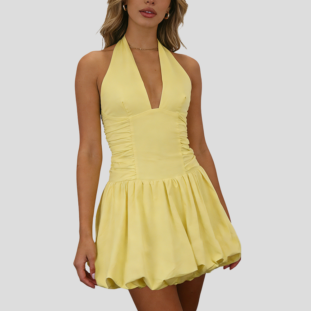 Women's Fashion Deep V Backless Halter Neck Tie Ribbon Bow Bubble Mini Dress