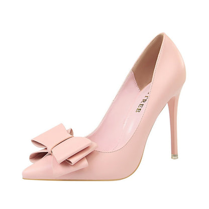 Sweet high heels, slim high heels, delicate and slim, shallow mouthed pointed bow sole shoes