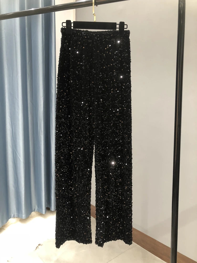 New Women Fashion Trendy Sparkling Gold Pants Relaxation of Tall Waist Wide-legged  Female Trousers