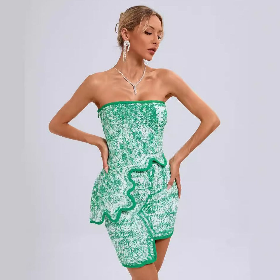 Fashionable sleeveless tube top sexy irregular dress green jacquard color block miniskirt suit