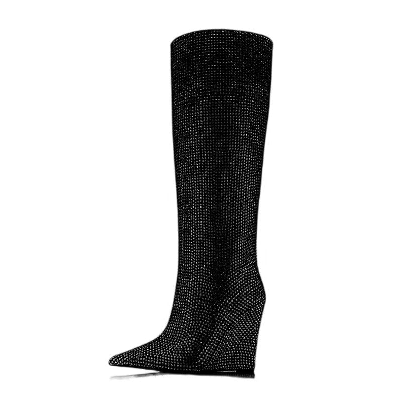 Wedges Pointed Toe Designer Shiny Rhinestone Upper Knee High Boots Slip on Women's Winter Runway Party Dress Boot Bling Shoes