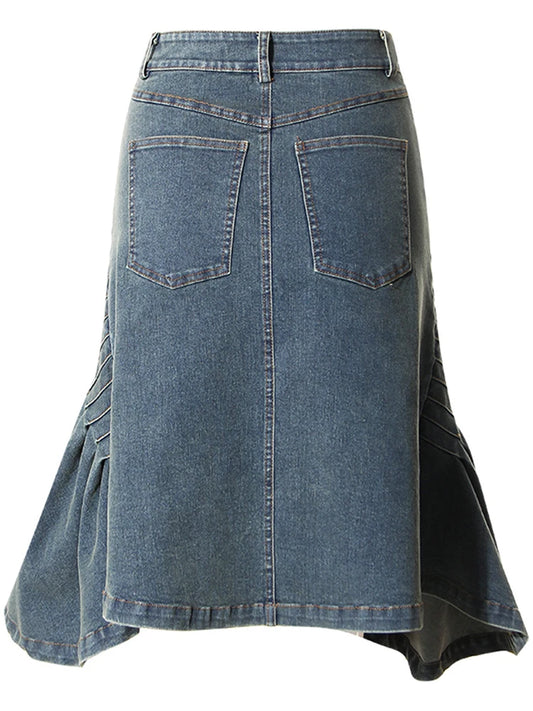 Design sense niche fishtail skirt half length skirt for women versatile high waisted denim pleated wrap hip skirt