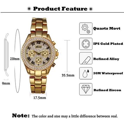 MISSFOX 1846, relojes para mujer, reloj de lujo para mujer, cronógrafo falso a la moda, números romanos, relojes de oro de 18K para mujer, reloj de pulsera de cuarzo 