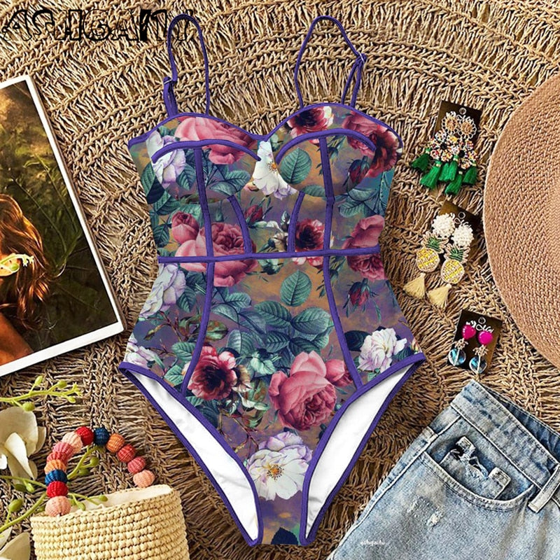 New Sexy One Piece Swimsuit Women Swimwear Cut Out Bathing Suit Summer Push Up Monokini Print Swim Suit  Beach Wear Female