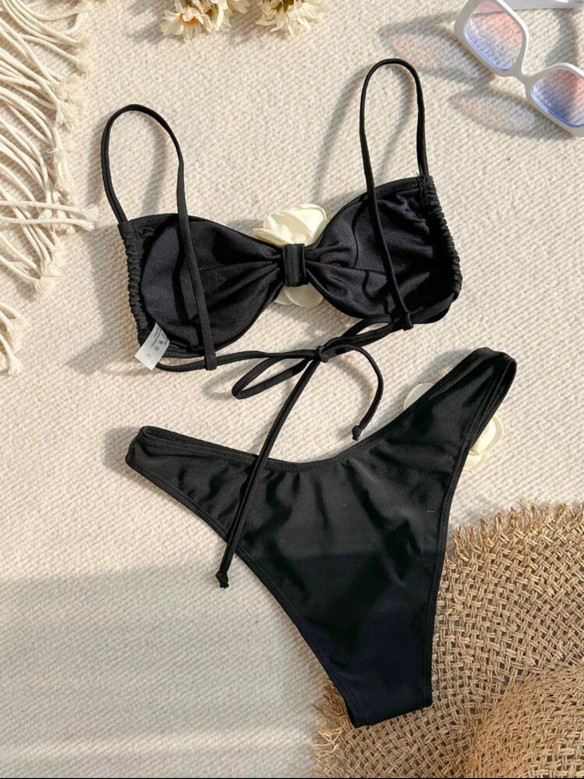 Solid rose strapless drawstring strap split swimsuit bikini