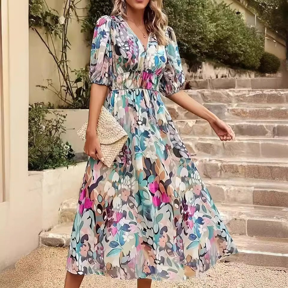 Waist fashion printed women's dress