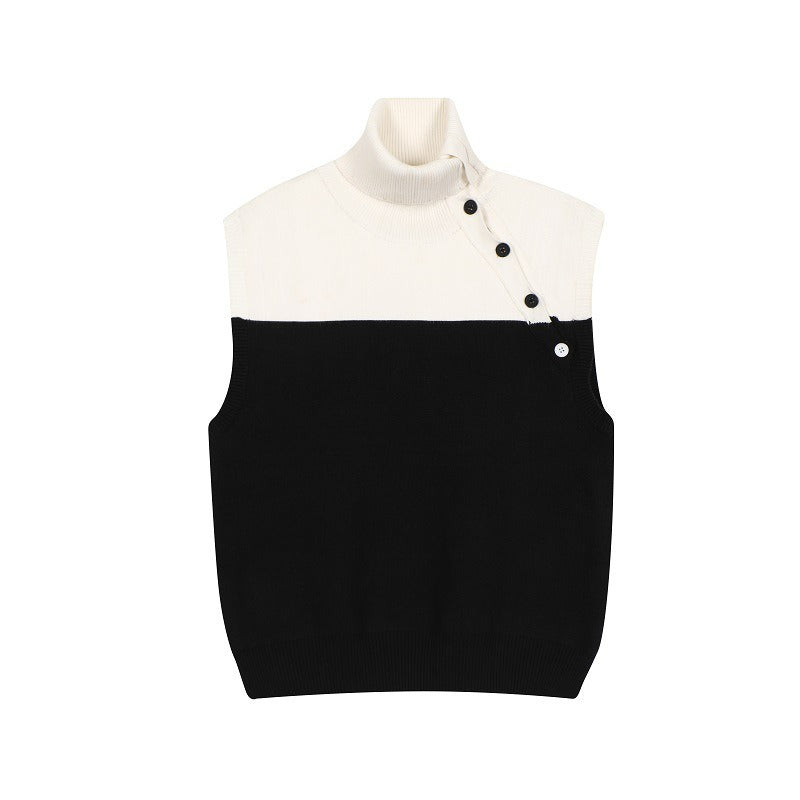 Black Color-block Knitting Tank Tops Women Casual New Turtleneck Sleeveless Personality Fashion Spring Summer