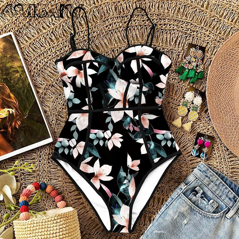 New Sexy One Piece Swimsuit Women Swimwear Cut Out Bathing Suit Summer Push Up Monokini Print Swim Suit  Beach Wear Female