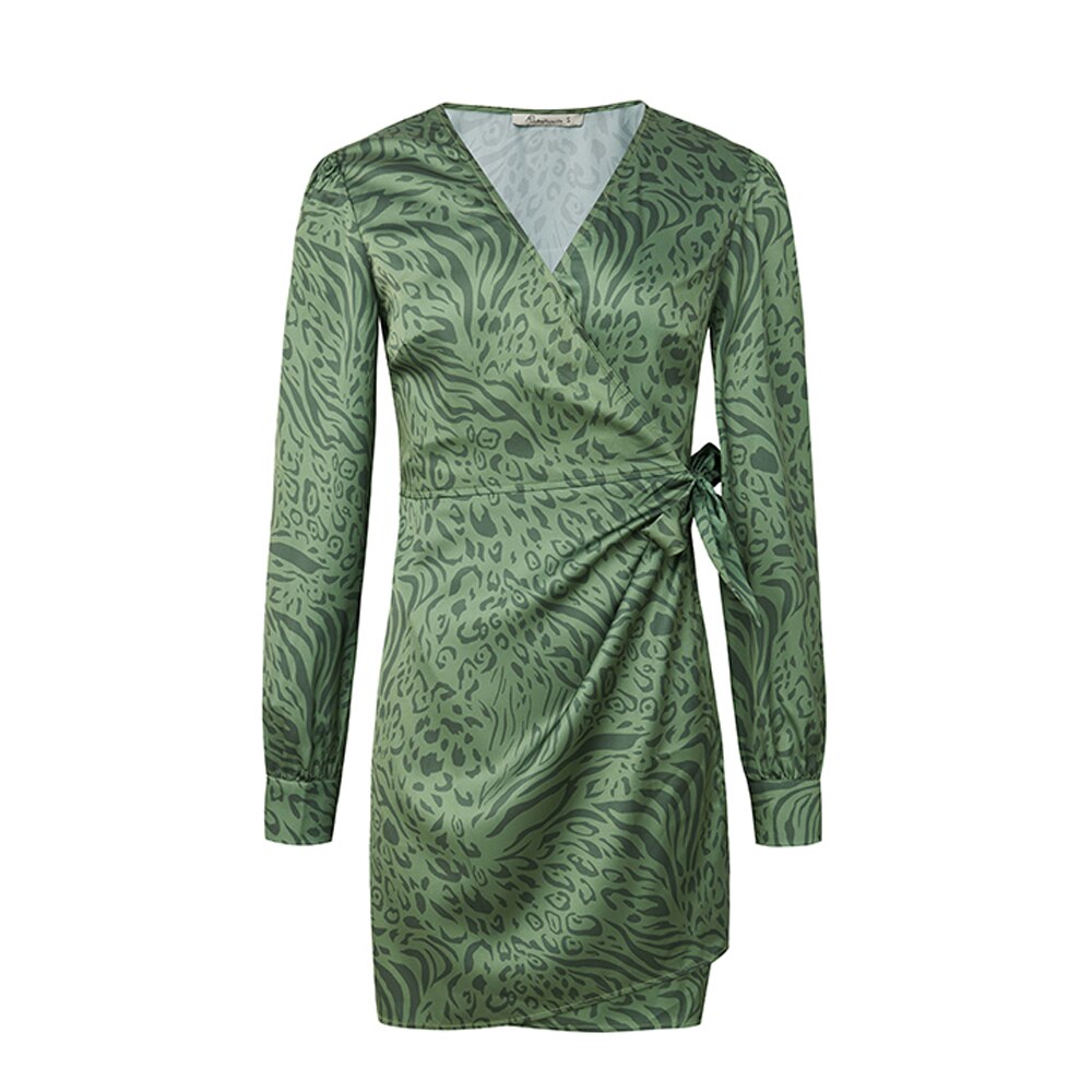 AEL Green Satin Print Wrap Dress Women Summer Lace Up Minidress Sexy Small V-Neck Streetwear