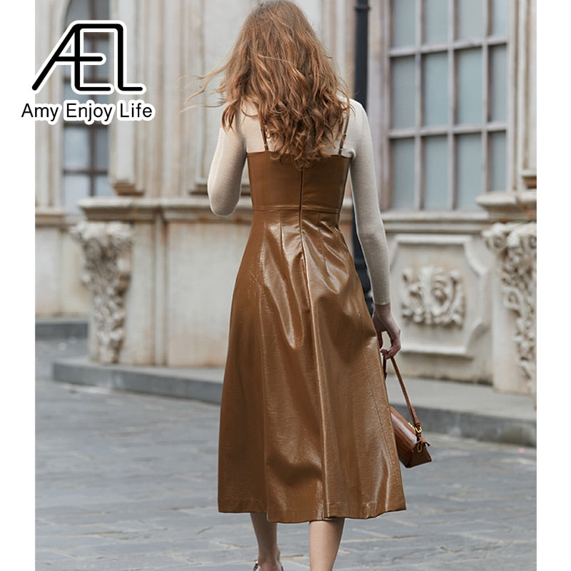 Premium Sense Of Modern Retro Chic High Waist Temperament Slim Halter Leather Lining Dress