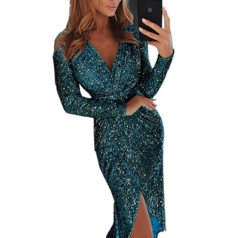 Dress Dress Long Sleeve V-Neck Sequin Dinner Dress Sexy Bar Dress