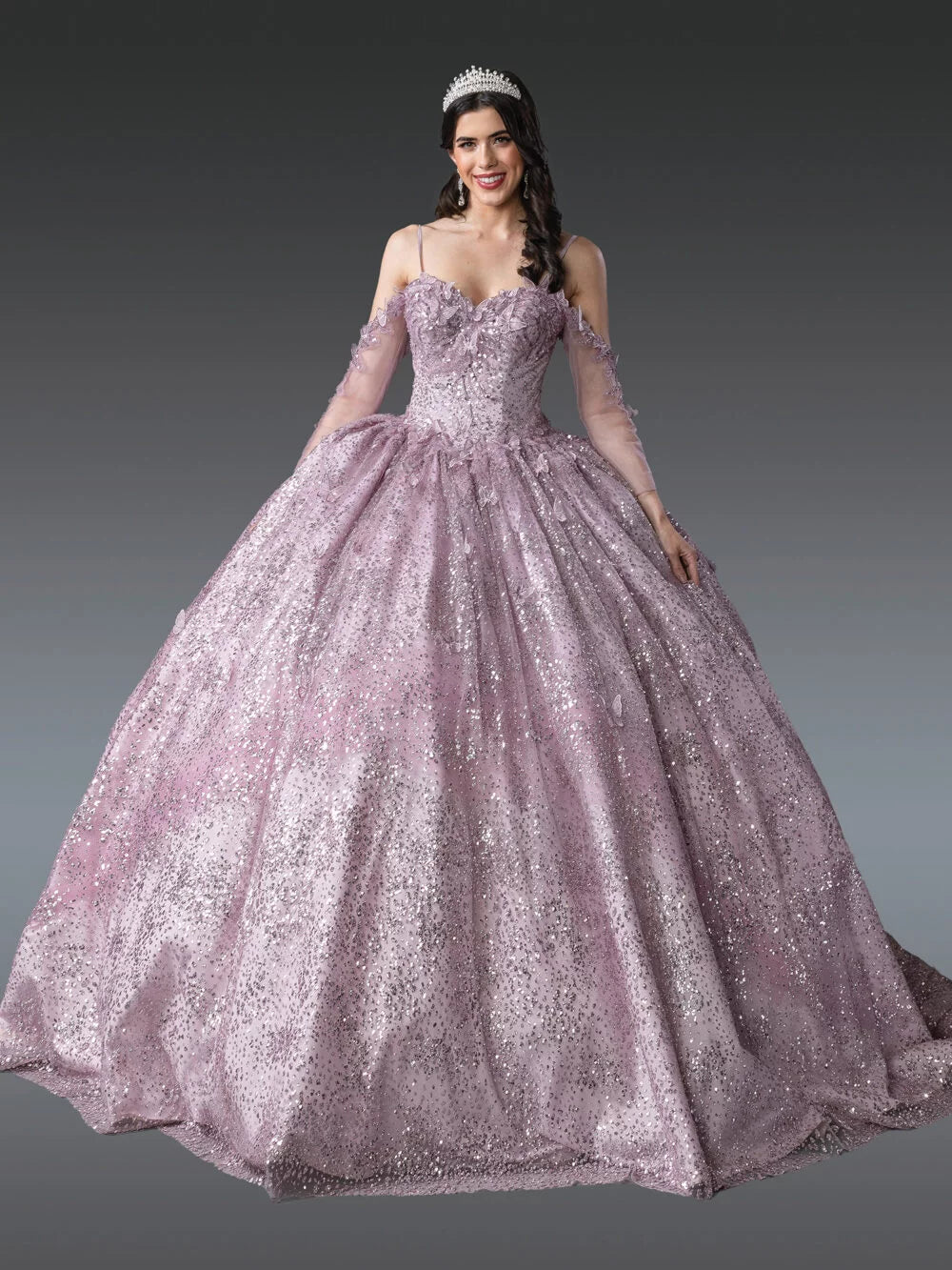 Elegant Sequined Quinceañera Gown with Intricate Lace Bodice and Full Sparkling Skirt Quinceanera Dress