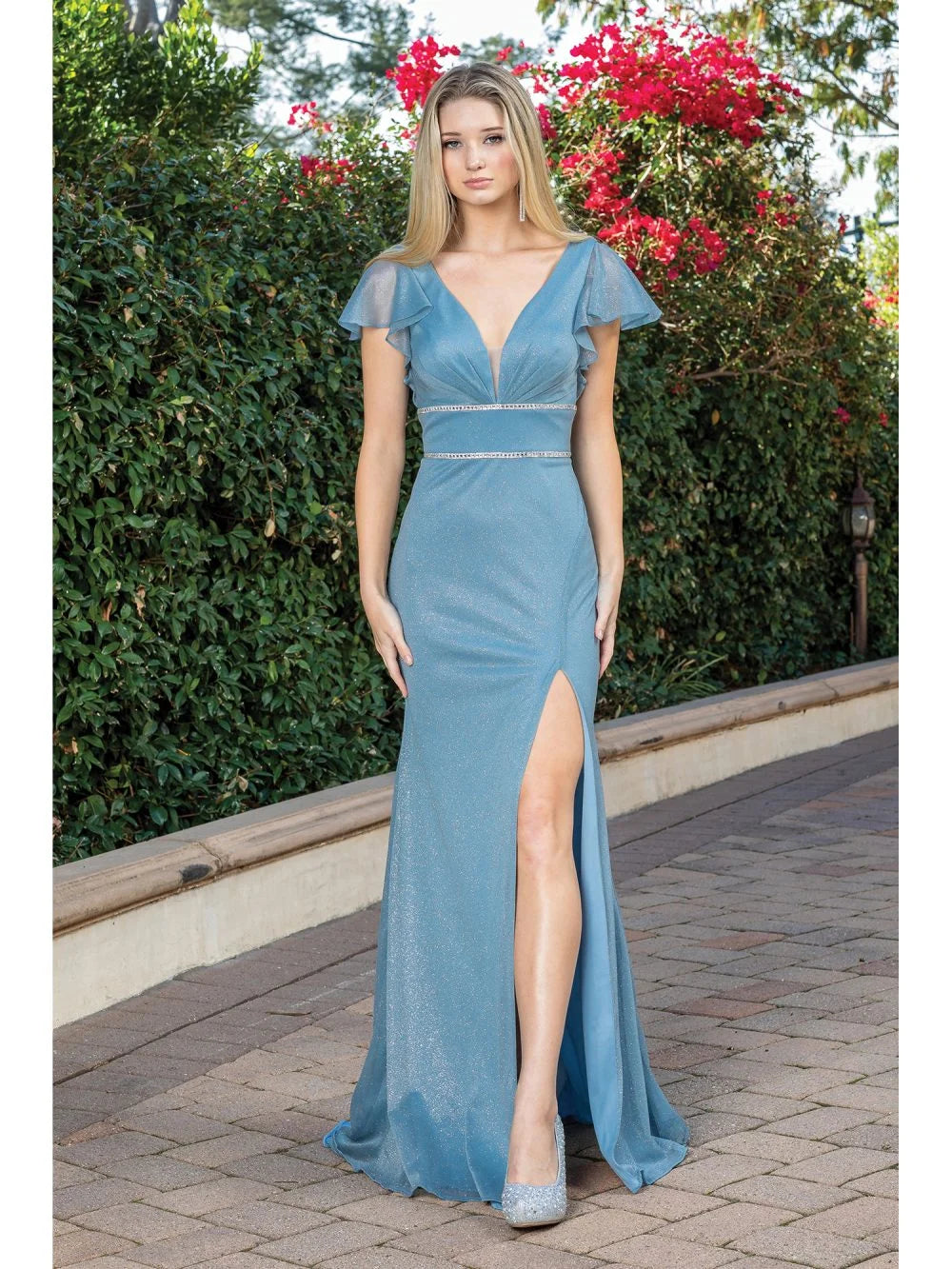 Elegant V-neck Gown with Flutter Sleeves and Rhinestone Belt Prom Dress