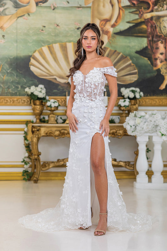 Elegant Wedding Dress with Off-Shoulder Sleeves, Sheer Bodice Featuring Floral Embellishments, and a Figure-Flattering Silhouette with a High Slit and a Flowing Train for a Romantic Bridal Look