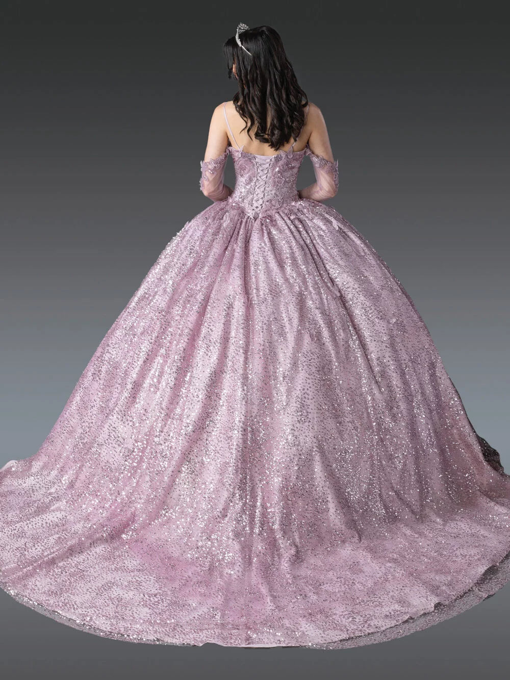 Elegant Sequined Quinceañera Gown with Intricate Lace Bodice and Full Sparkling Skirt Quinceanera Dress