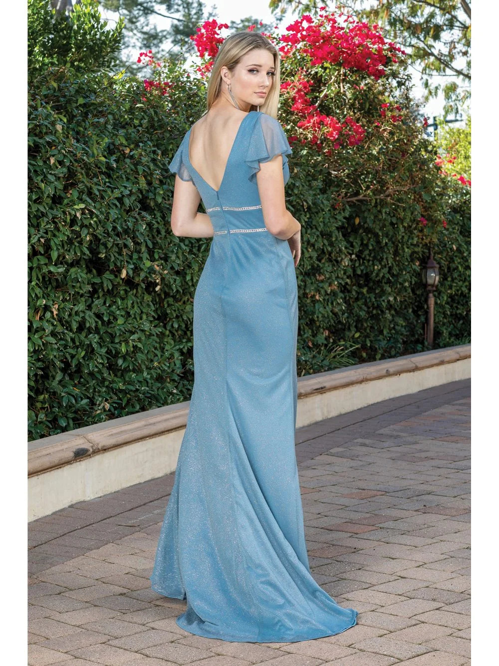 Elegant V-neck Gown with Flutter Sleeves and Rhinestone Belt Prom Dress