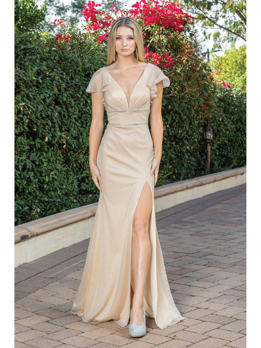 Elegant V-neck Gown with Flutter Sleeves and Rhinestone Belt Prom Dress