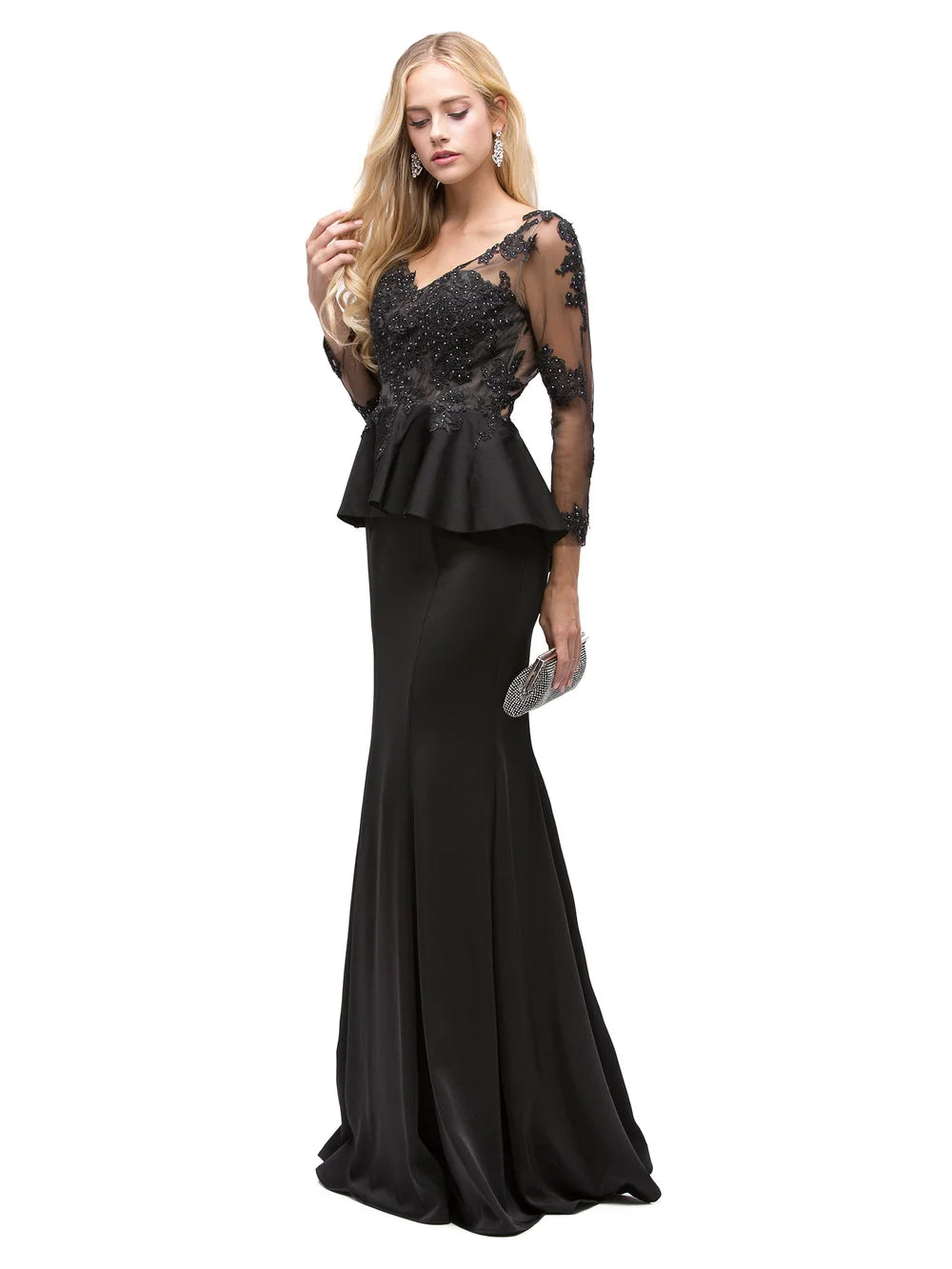 Embroidered Lace Appliqué Peplum Bodice Gown with Sheer Long Sleeves and Flared Hem Prom Dress