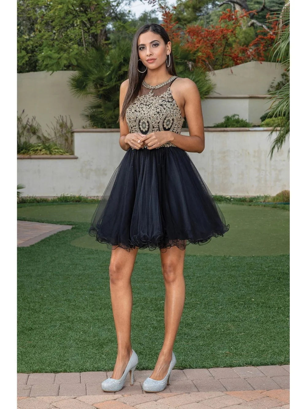 Embroidered Lace Top Dress with Halter Neckline and Layered Tulle Skirt Homecoming Dress