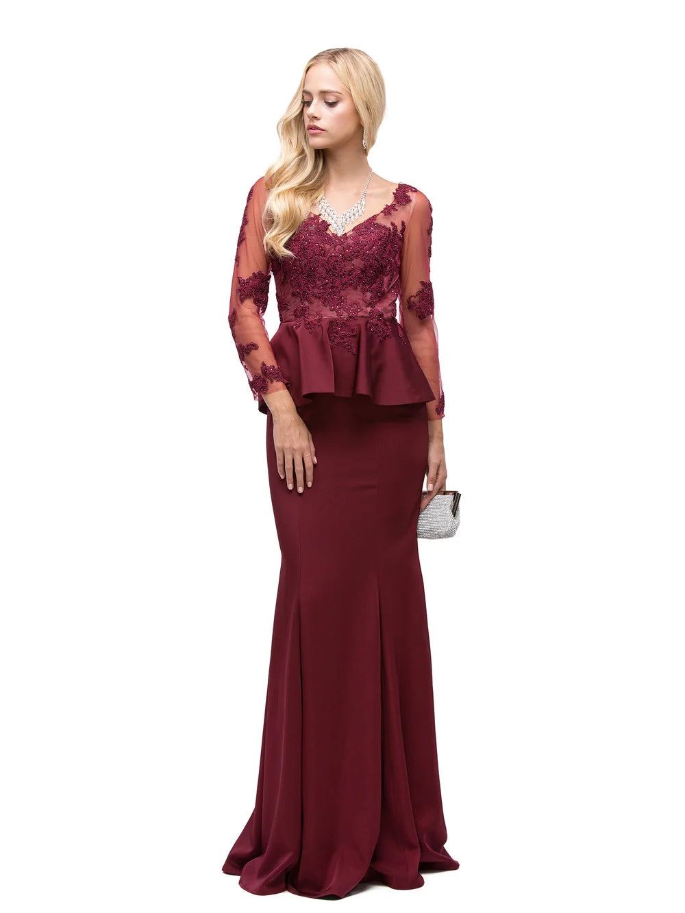 Embroidered Lace Appliqué Peplum Bodice Gown with Sheer Long Sleeves and Flared Hem Prom Dress