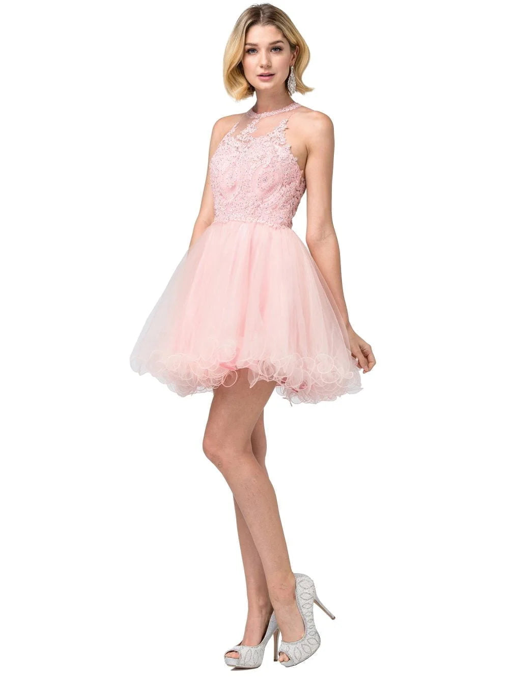 Embroidered Lace Top Dress with Halter Neckline and Layered Tulle Skirt Homecoming Dress
