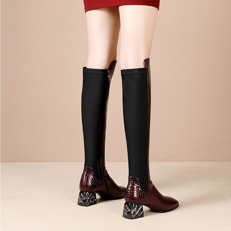 Autumn and Winter New Genuine Leather High Boots Women's Long Boots High Heel Over knee Boots Middle Heel Elastic Slim Boots Leather Boots