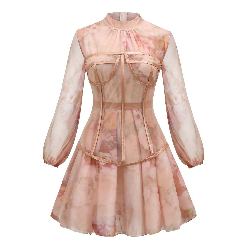 Fashion Skirts European Women's Dress Pink Print Chiffon Dress Fishbone Girdle Set