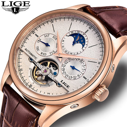 Marca LIGE, Relojes para Hombre, reloj mecánico automático Tourbillon, reloj deportivo, reloj de pulsera Retro informal de cuero para negocios, Relojes para Hombre 