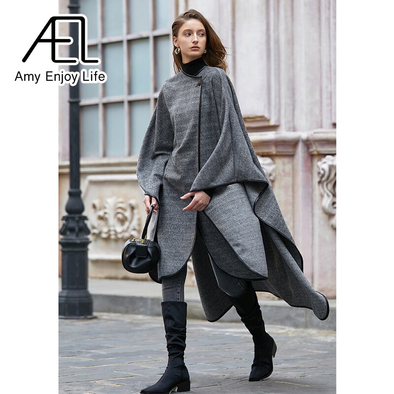 Medium Long Cape Style Street Woolen Coat New Herringbone Pattern Cloak Coat For Women In Winter