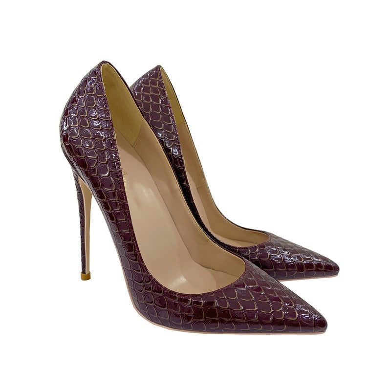 Snake skin patterned socialite high heels, pointed thin heels, soft leather, shallow cut single shoes
