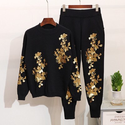 Autumn Women Sequins Flowers Sweater Set Long Sleeve Ladies Knit Pullover Tops + Trousers Winter Fashion Pants Female Tracksuit