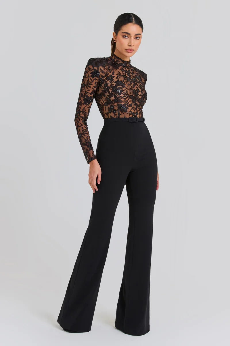 European and American sexy fashion see-through lace bandage long-sleeved trousers women's jumpsuit