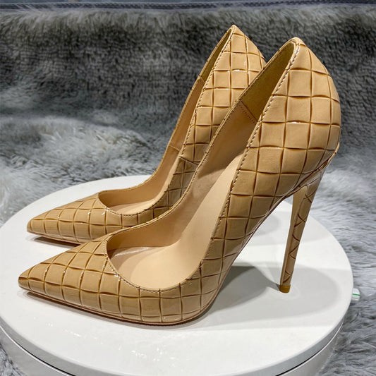 Autumn And Winter New Woven Pattern Pointed High Heels 12cm10cm Comfortable Stiletto Shoes