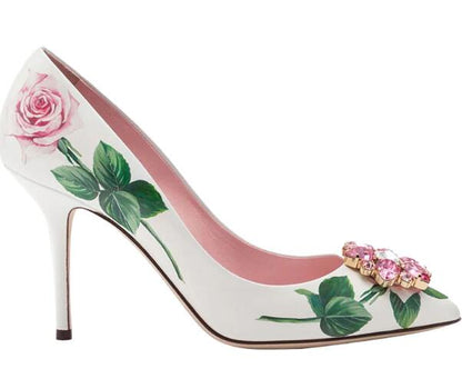 Zapatos de tacón alto con estampado de flores de cuero blanco, zapatos de tacón sexis con punta en pico y adornos de cristal para fiesta y boda