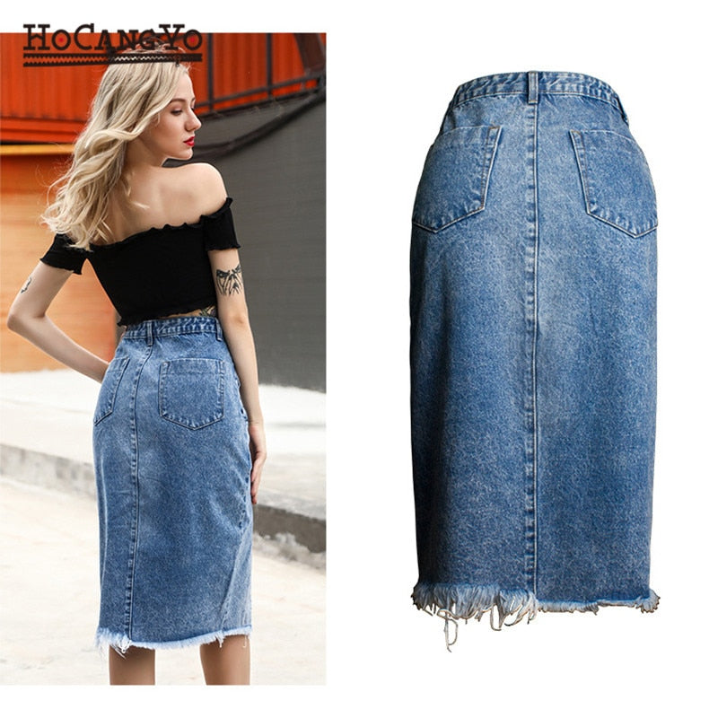 Women Midi Skirts High Waist Large Size Cotton Jeans Skirt Women Casual Tassels Washed Denim Skirts Sexy Split MIDI Skirt